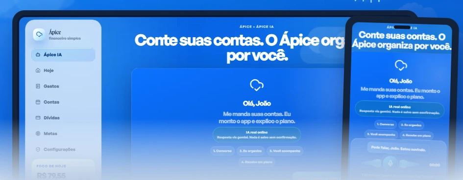 Telas reais do Ápice no computador e no celular organizando contas por conversa