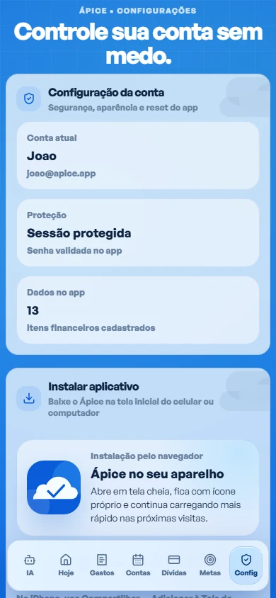 Tela real de configurações do Ápice