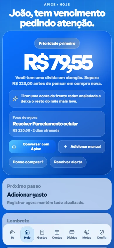 Tela Hoje do aplicativo Ápice