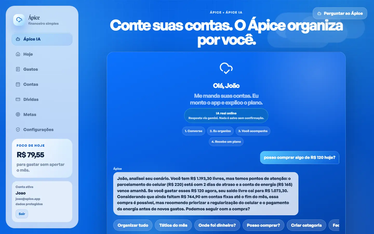 Tela completa do assistente financeiro Ápice